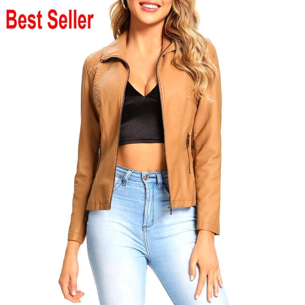 Faux Leather Quilted Jacket, Zip Up Casual Coat, Elastic Rib Trim